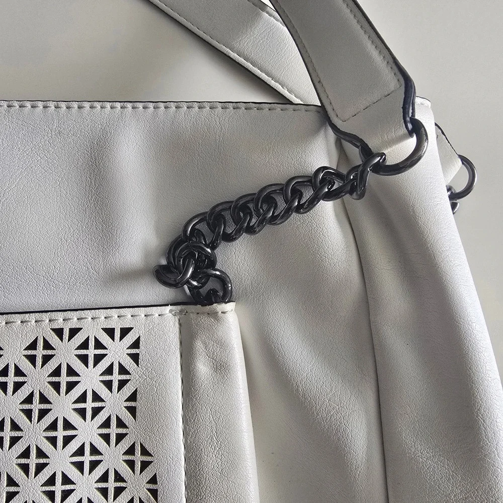 Simply Vera Vera Wang White Laser Cut Faux Leather Tote Bag Chain Strap Gunmetal
